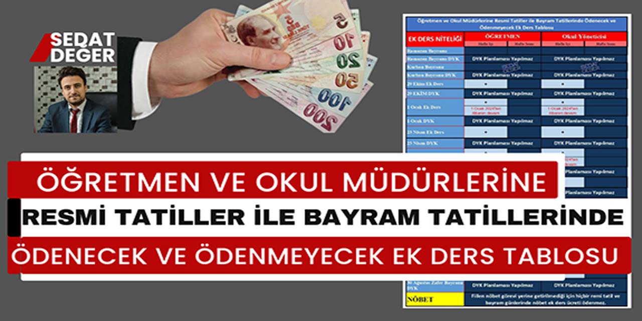 Öğretmen ve Okul Müdürlerine Resmi Tatiller ile Bayram Tatillerinde Ödenecek ve Ödenmeyecek Ek Ders Tablosu