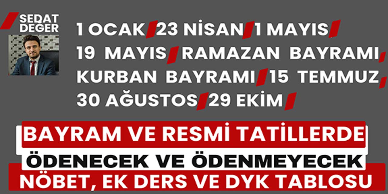 Bayram ve Resmi Tatillerde Ödenecek ve Ödenmeyecek Nöbet, Ek Ders ve DYK Tablosu